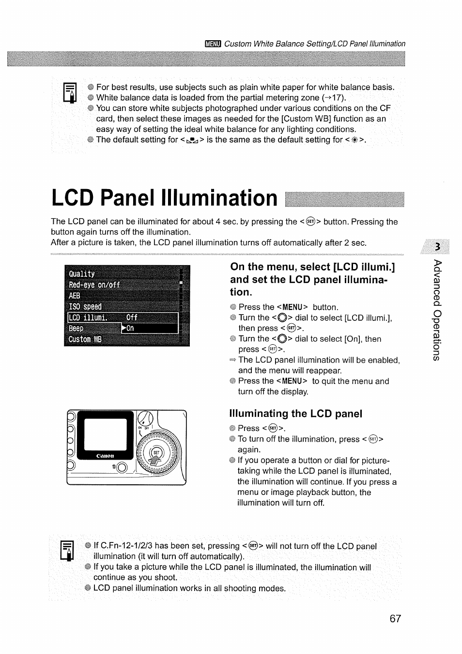 Lcd panel illumination, Illuminating the lcd panel | Canon EOS D60 User Manual | Page 67 / 151