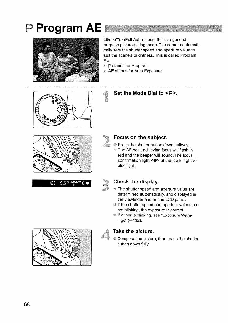 Program ae, Set the mode dial to <p, Focus on the subject | Check the display, Take the picture, P program ae | Canon EOS D60 User Manual | Page 68 / 151