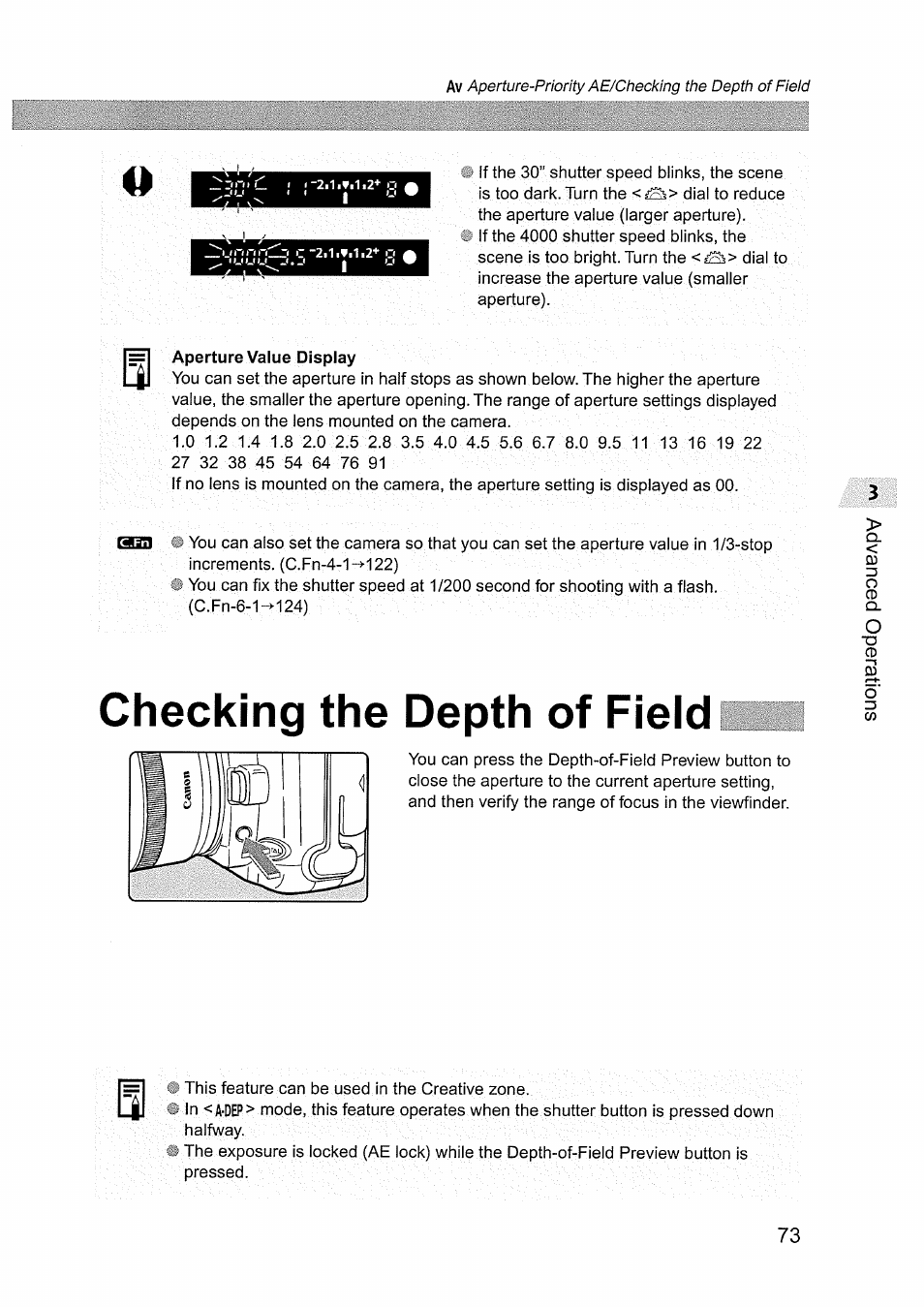 Checking the depth of field | Canon EOS D60 User Manual | Page 73 / 151