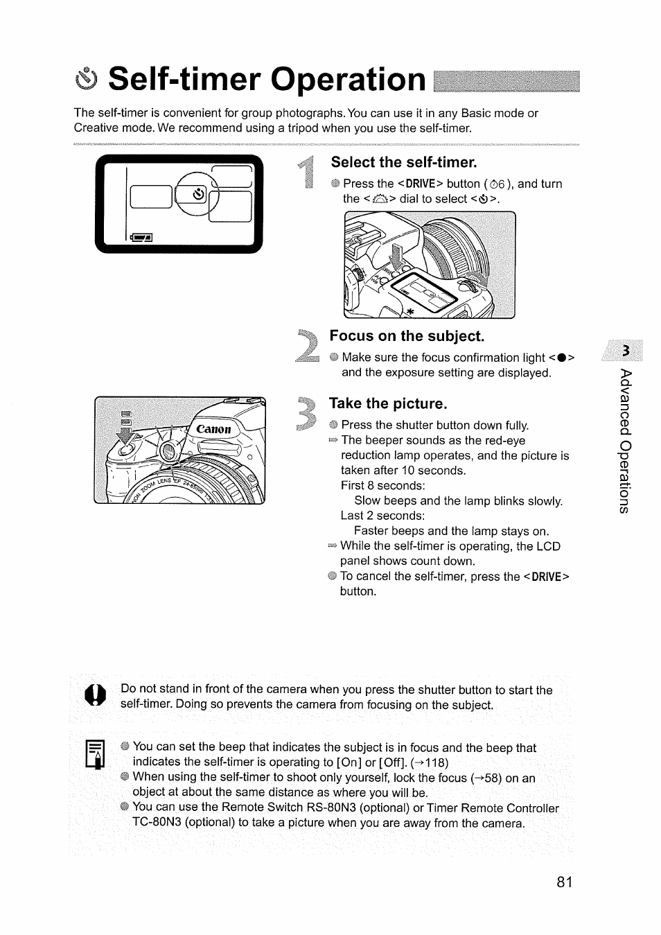 S) self-timer operation, Select the self-timer, Take the picture | S self-timer operation | Canon EOS D60 User Manual | Page 81 / 151