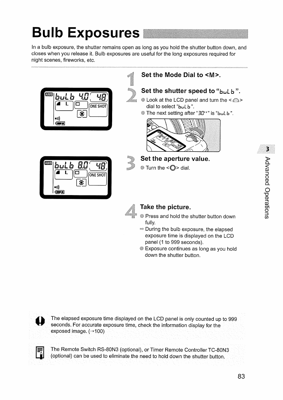 Bulb exposures, Set the mode dial to <m, Set the shutter speed to “bul b | Set the aperture value, Take the picture | Canon EOS D60 User Manual | Page 83 / 151