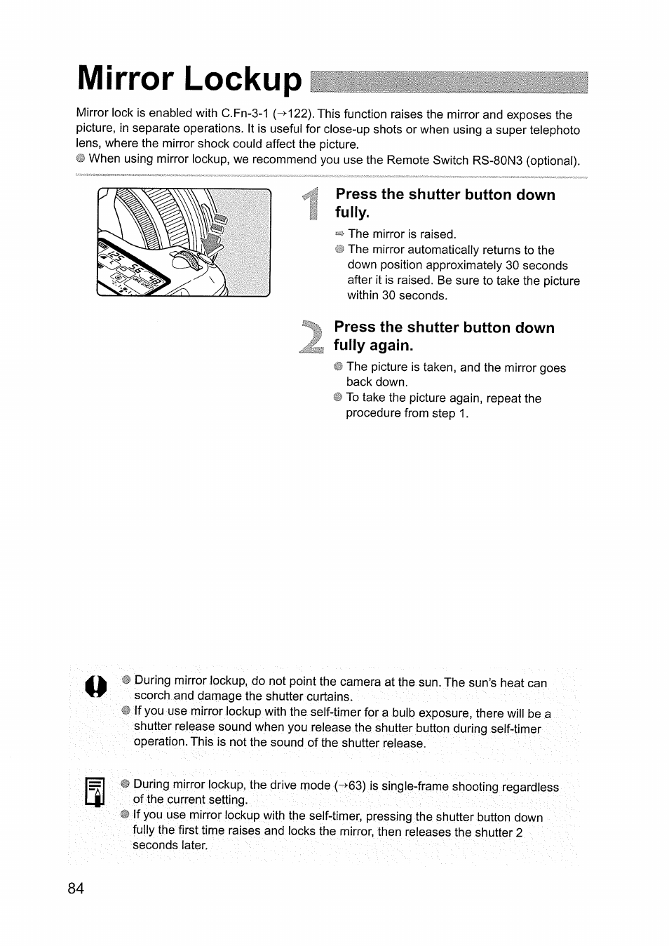 Mirror lockup, Press the shutter button down fully, Press the shutter button down fully again | Canon EOS D60 User Manual | Page 84 / 151