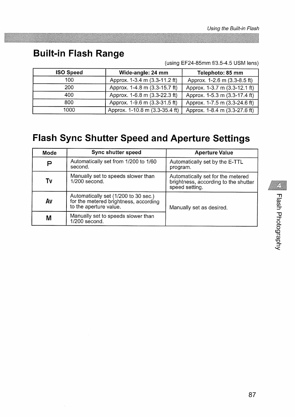 Built-in flash range, Flash sync shutter speed and aperture settings | Canon EOS D60 User Manual | Page 89 / 151