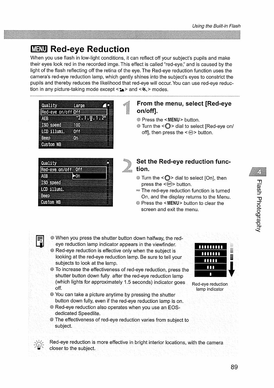 Menu, Red-eye reduction, From the menu, select [red-eye on/off | Set the red-eye reduction function, Em red-eye reduction | Canon EOS D60 User Manual | Page 91 / 151