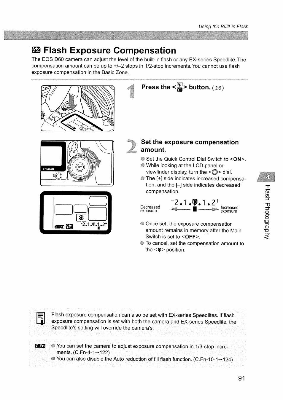 W flash exposure compensation, Press the <%> button. (06), Set the exposure compensation amount | Canon EOS D60 User Manual | Page 93 / 151