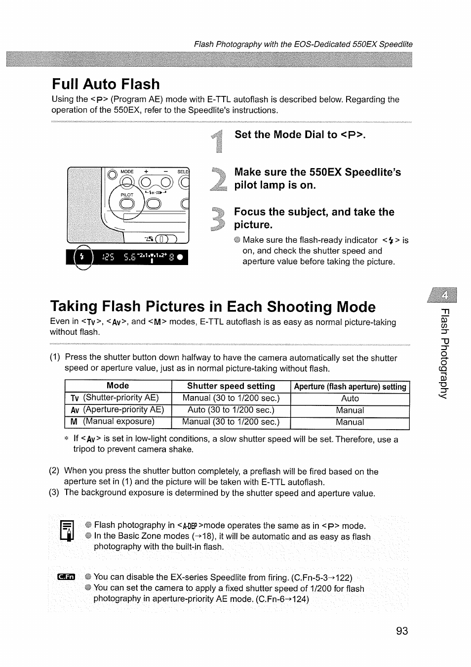 Full auto flash, Set the mode dial to <p, Make sure the 550ex speedlite’s pilot lamp is on | Focus the subject, and take the picture, Taking flash pictures in each shooting mode | Canon EOS D60 User Manual | Page 95 / 151