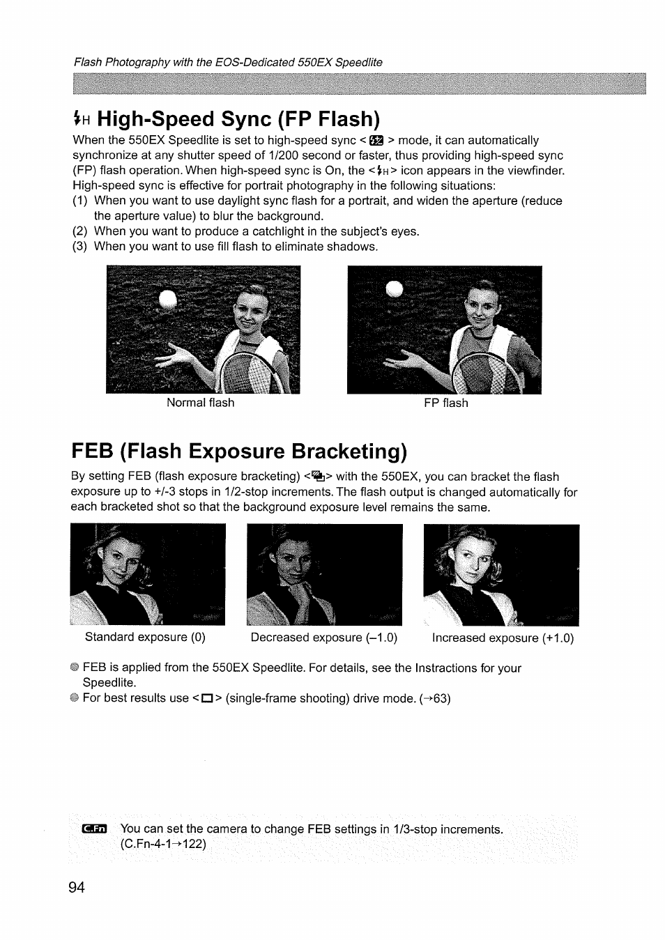 Vh high-speed sync (fp flash), Feb (flash exposure bracketing), Fligh-speed sync (fp flash) | High-speed sync (fp flash) | Canon EOS D60 User Manual | Page 96 / 151