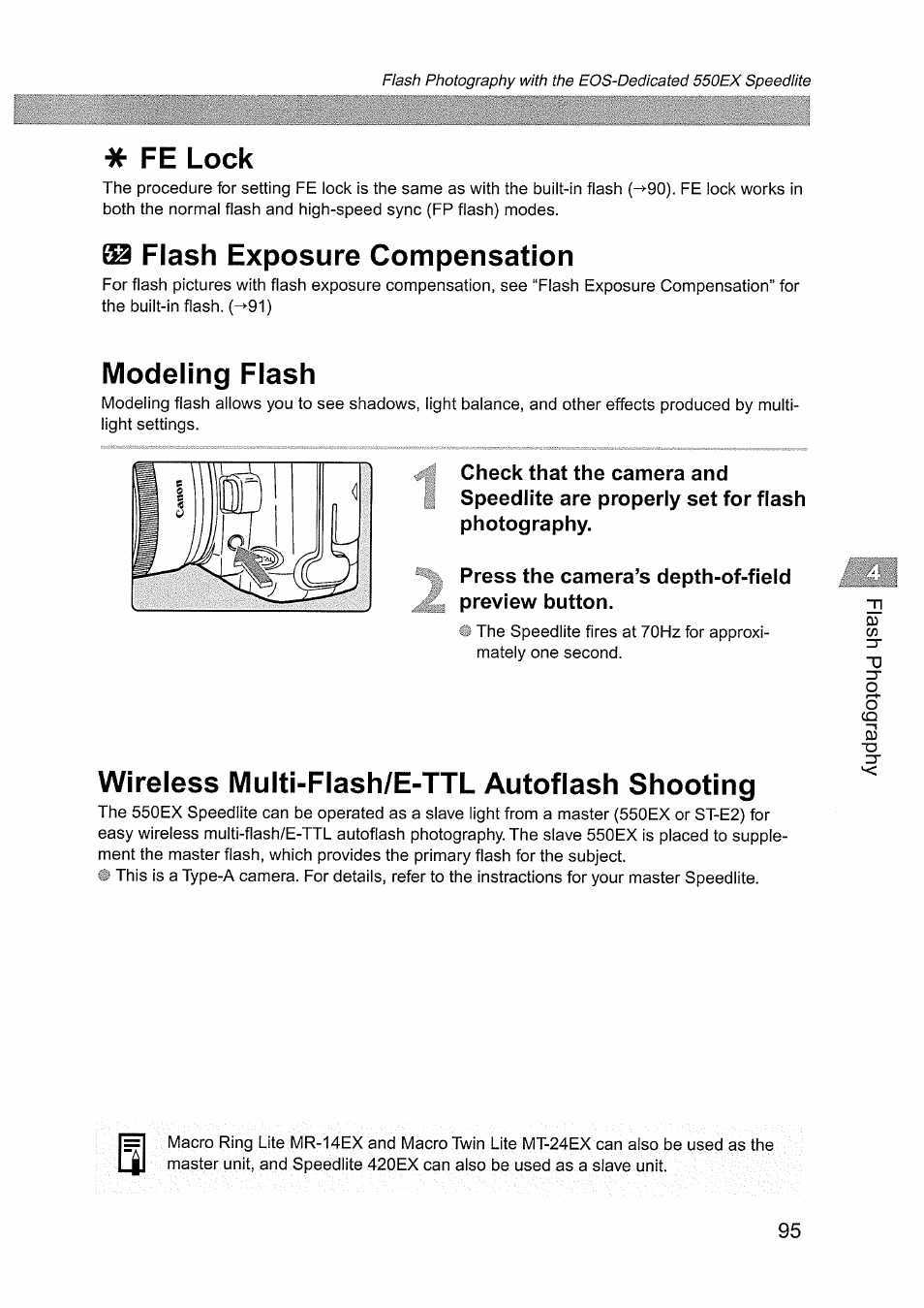 Fe lock, Flash exposure compensation, Modeling flash | Press the camera’s depth-of-field preview button, Wireless multi-flash/e-ttl autoflash shooting | Canon EOS D60 User Manual | Page 97 / 151