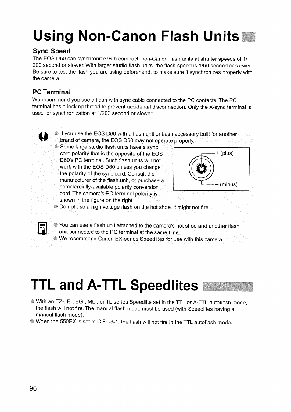 Using non-canon flash units, Sync speed, Pc terminal | Ttl and a-ttl speedlites | Canon EOS D60 User Manual | Page 98 / 151