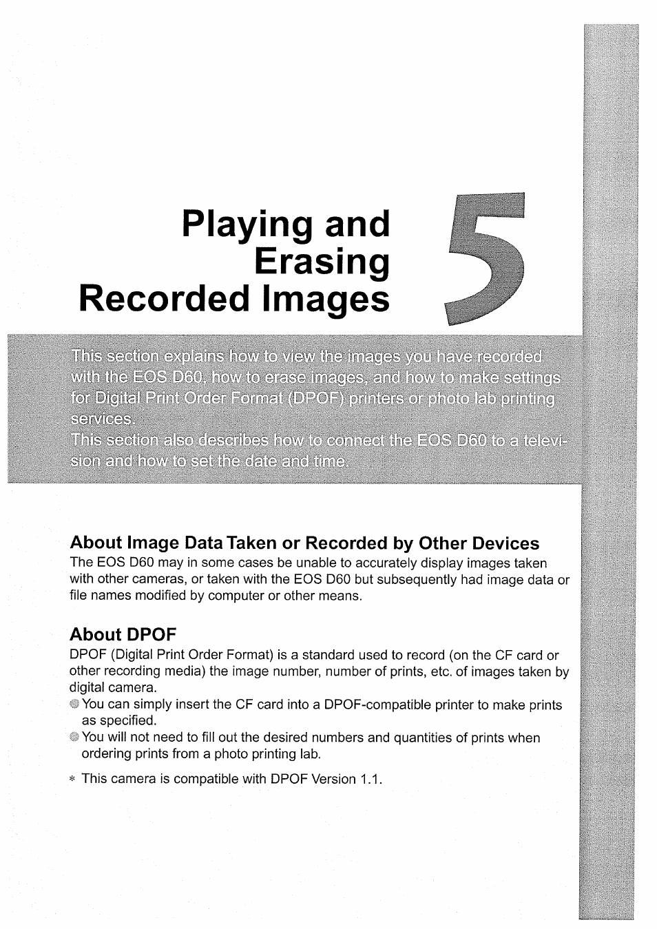 Playing and erasing recorded images, About dpof | Canon EOS D60 User Manual | Page 99 / 151