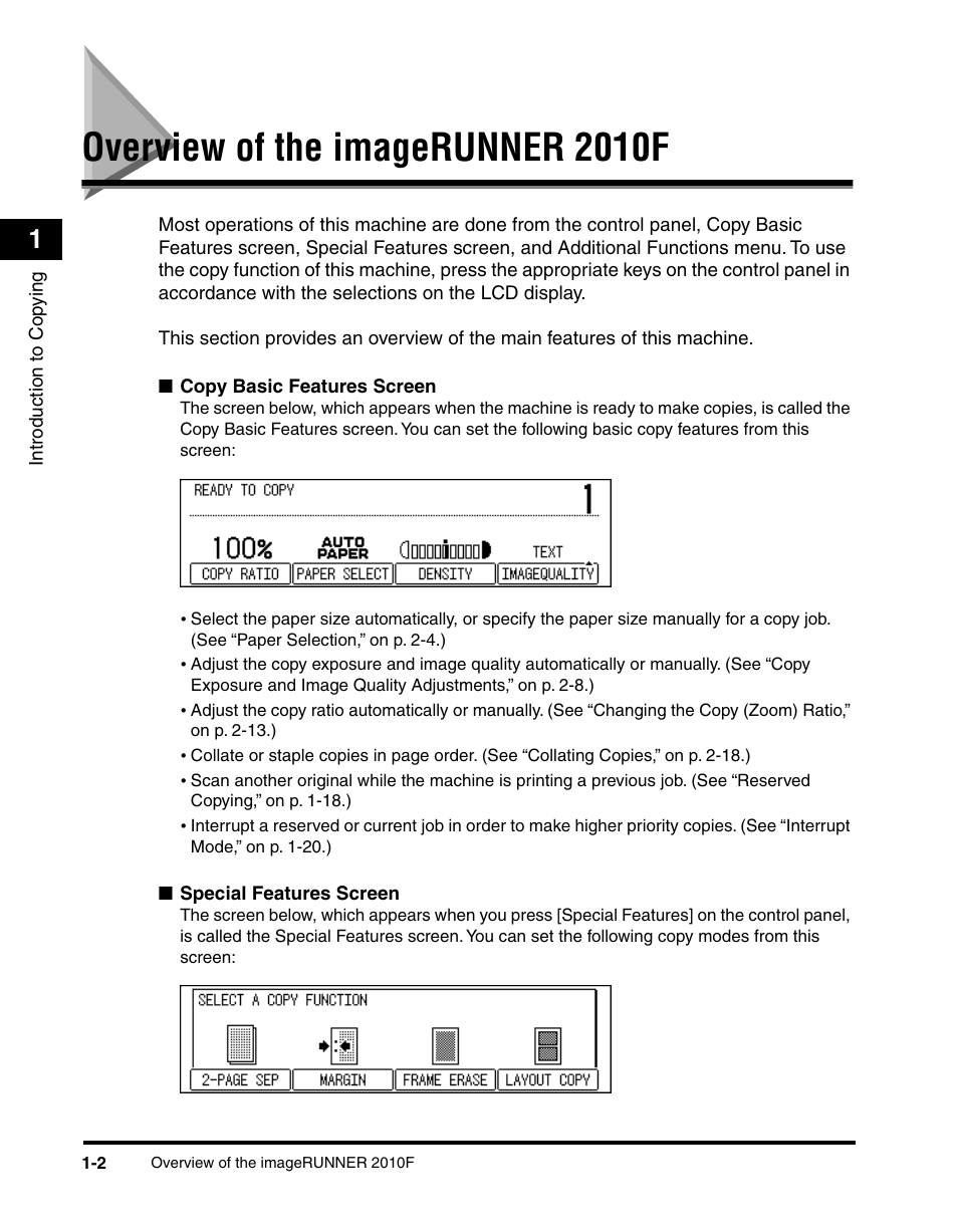 Overview of the imagerunner 2010f, Overview of the imagerunner 2010f -2 | Canon 2010F User Manual | Page 11 / 106