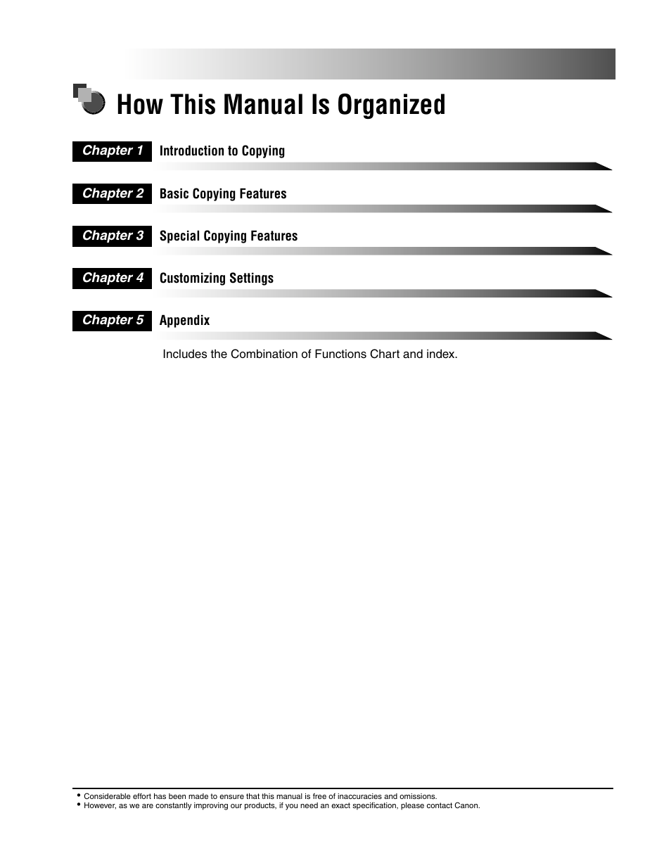 How this manual is organized | Canon 2010F User Manual | Page 4 / 106