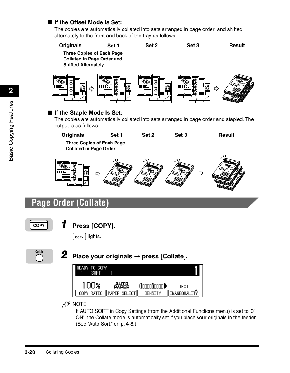 Page order (collate), Press [copy, Place your originals ➞ press [collate | Basic cop ying f eatures, If the offset mode is set, If the staple mode is set, Lights, Originals, Set 1 set 2 set 3 result, Originals set 1 | Canon 2010F User Manual | Page 51 / 106