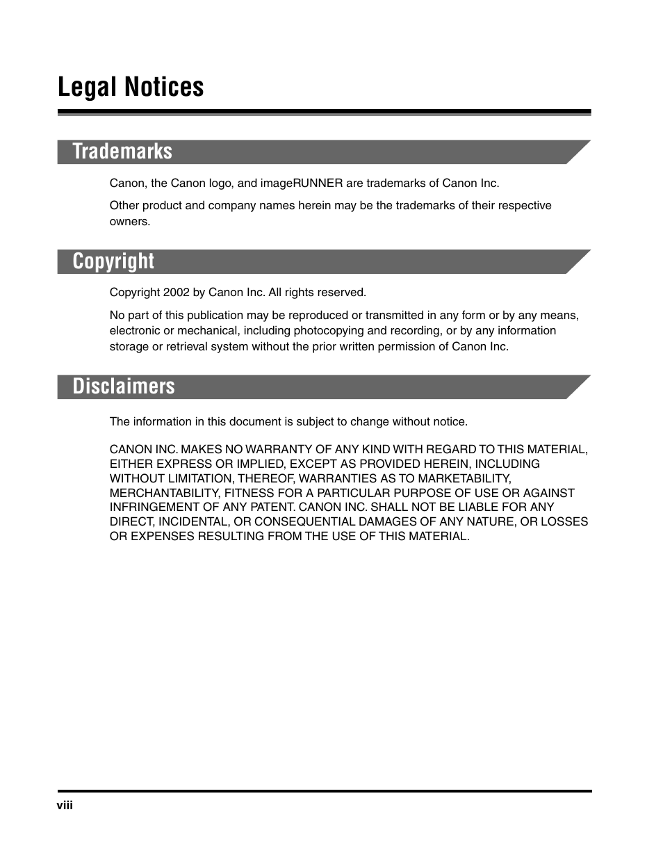 Legal notices, Trademarks, Copyright | Disclaimers | Canon 2010F User Manual | Page 9 / 106