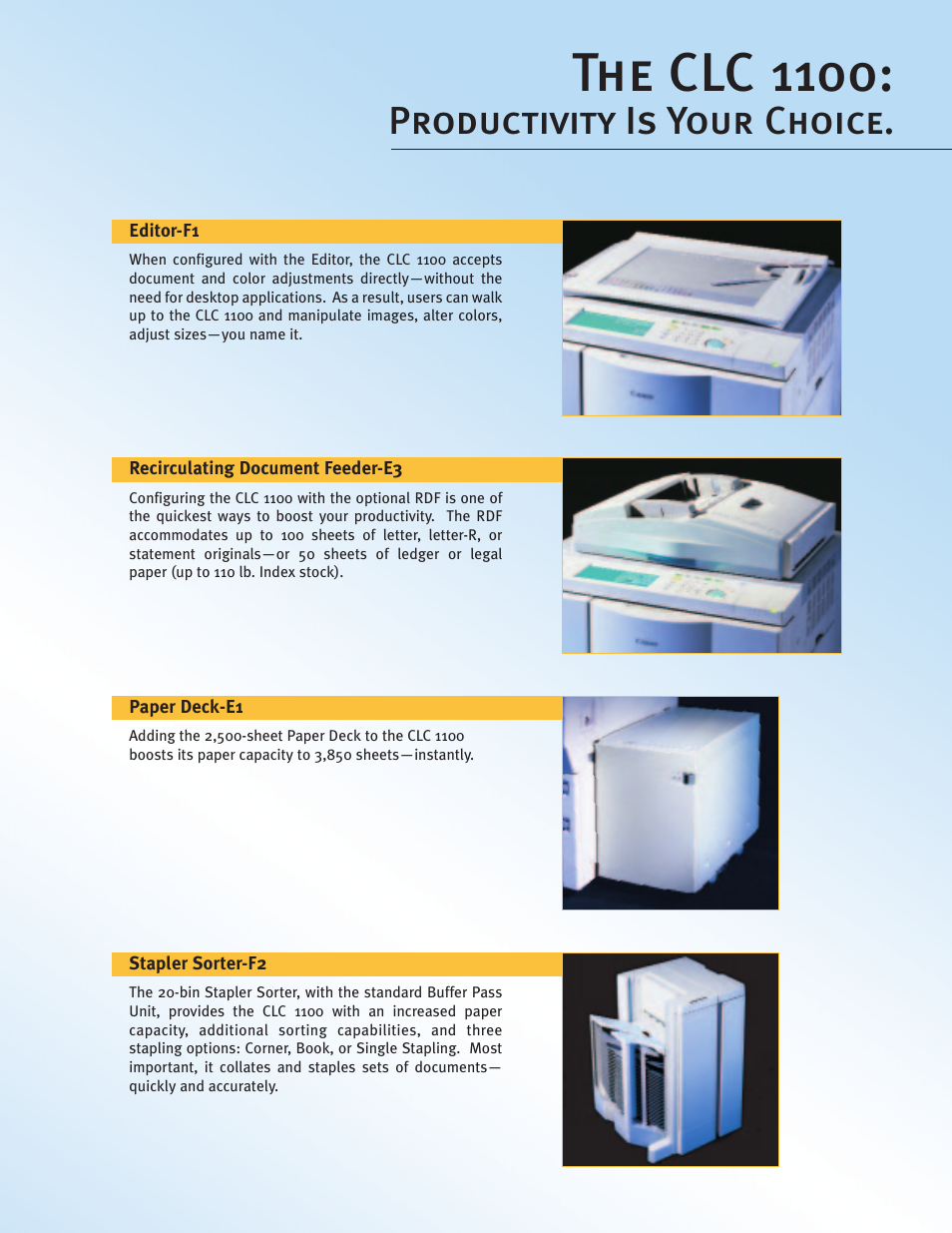 The clc 1100, Productivity is your choice | Canon Color Laser Copier CLC1100 User Manual | Page 7 / 8