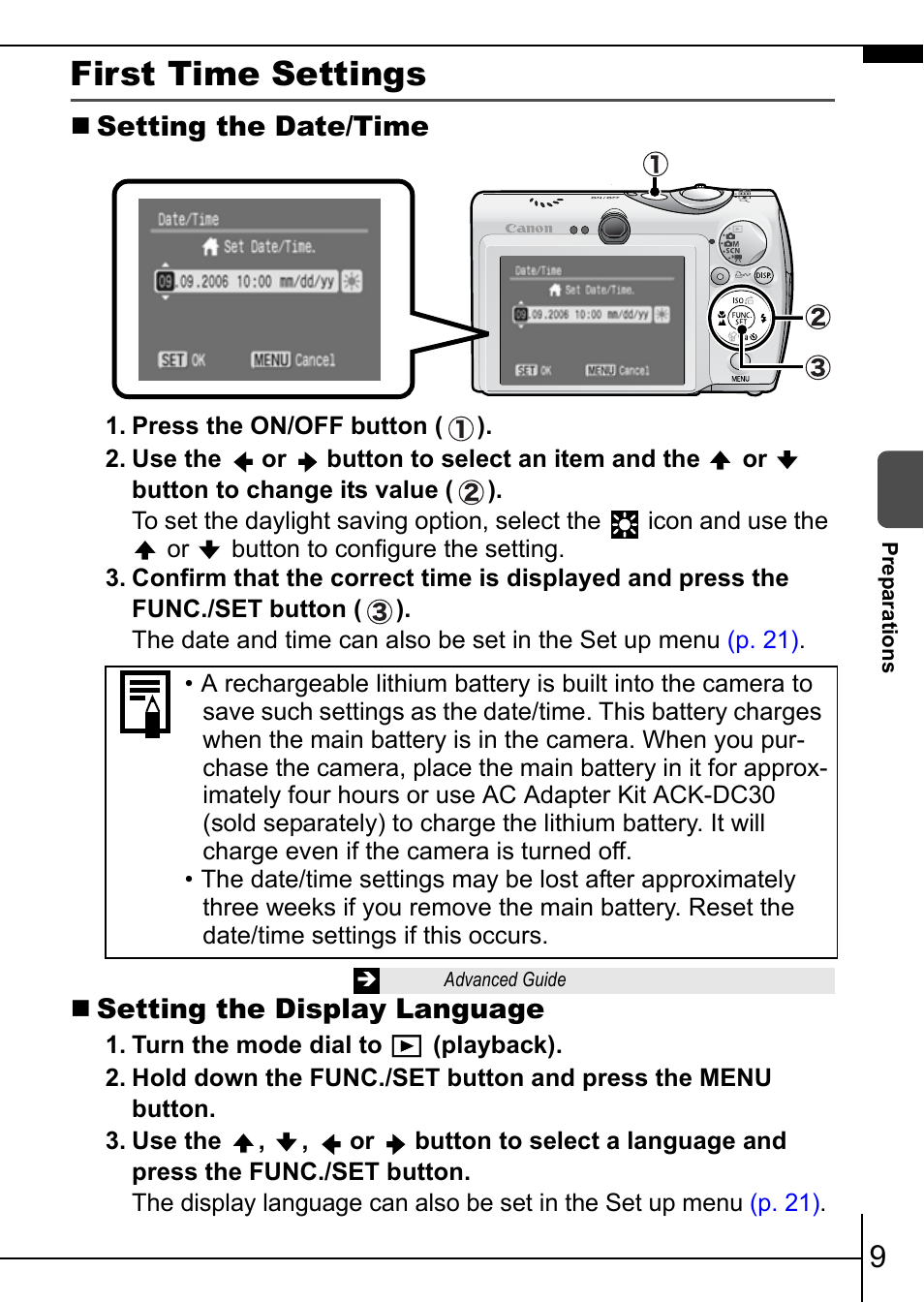 First time settings, Setting the date/time, Setting the display language | Canon IXUS 900TI User Manual | Page 11 / 37