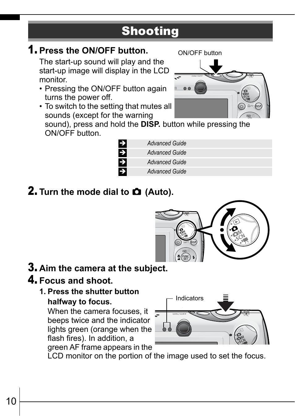 Shooting, P. 10), Pp. 10 | Canon IXUS 900TI User Manual | Page 12 / 37