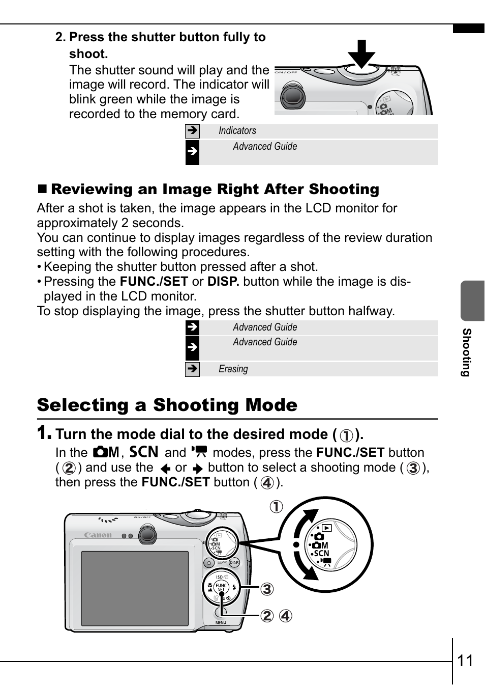 Selecting a shooting mode, Reviewing an image right after shooting, Turn the mode dial to the desired mode ( ) | Canon IXUS 900TI User Manual | Page 13 / 37