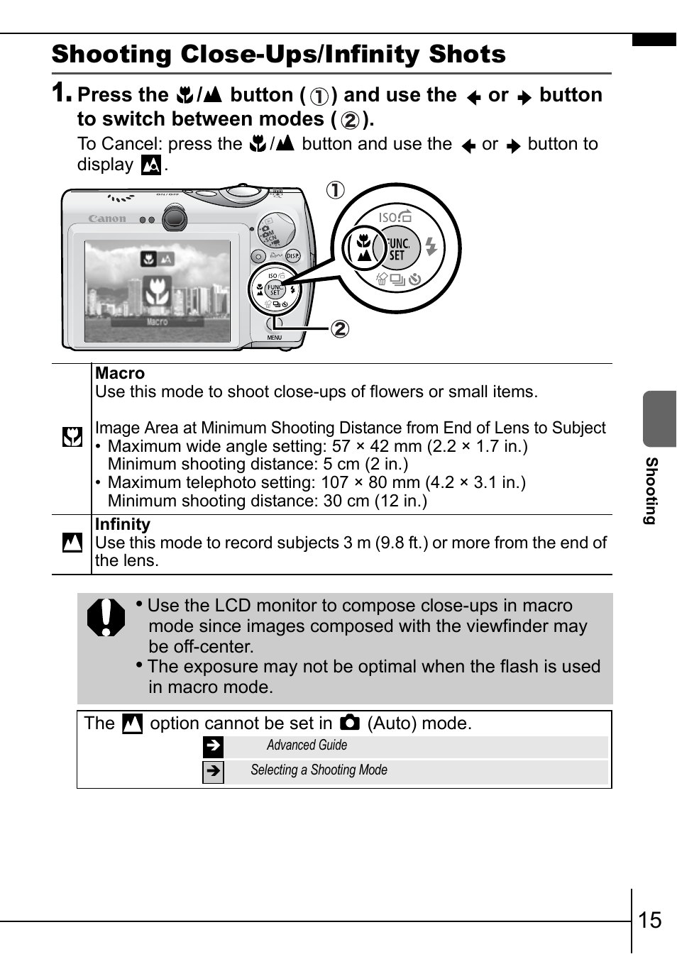 P. 15), Shooting close-ups/infinity shots | Canon IXUS 900TI User Manual | Page 17 / 37