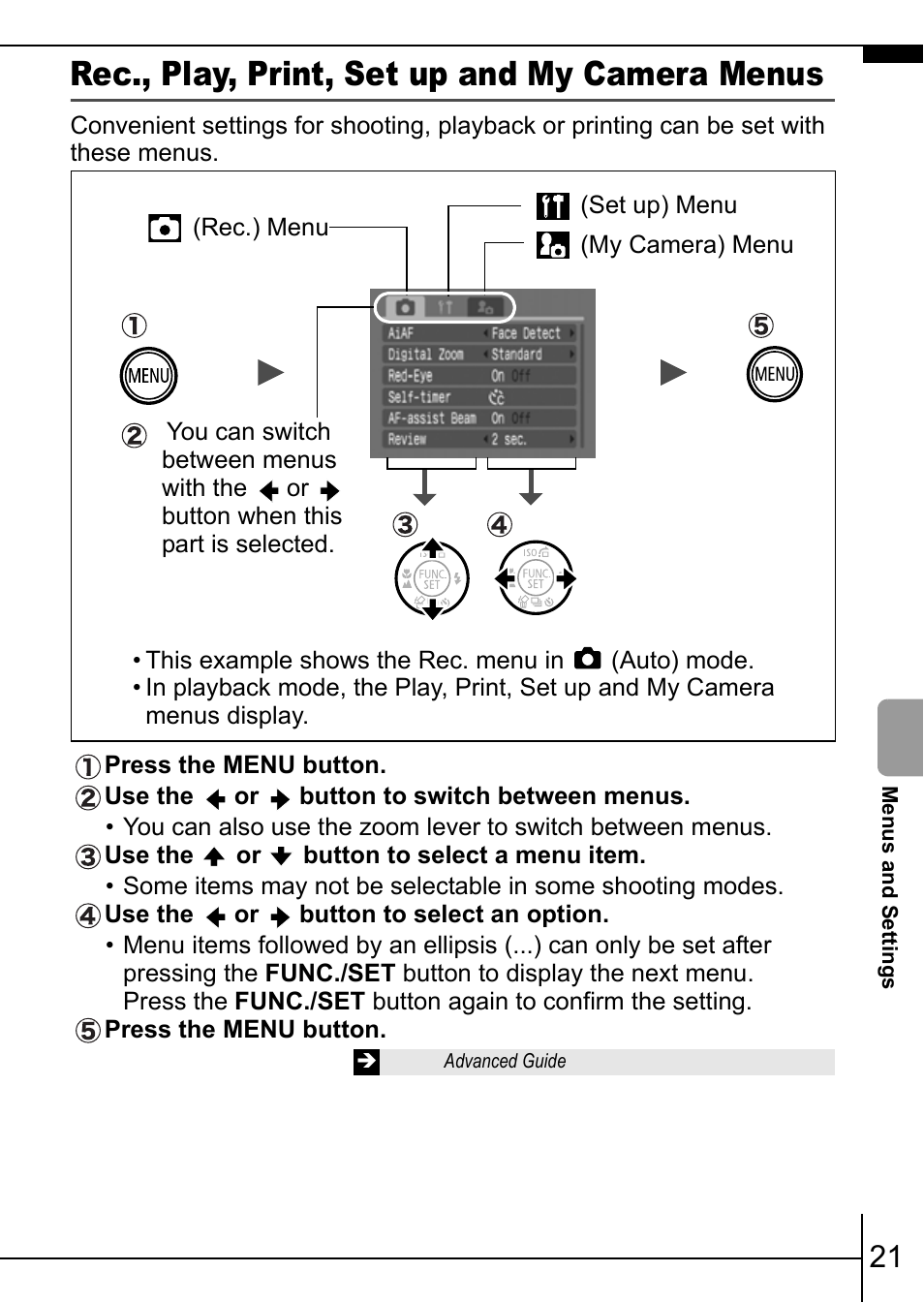 P. 21, Rec., play, print, set up and my camera menus | Canon IXUS 900TI User Manual | Page 23 / 37