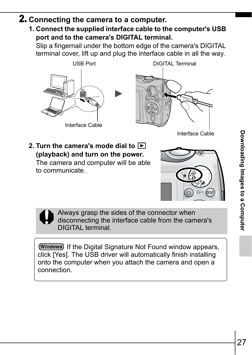 P. 27), Connecting the camera to a computer | Canon IXUS 900TI User Manual | Page 29 / 37