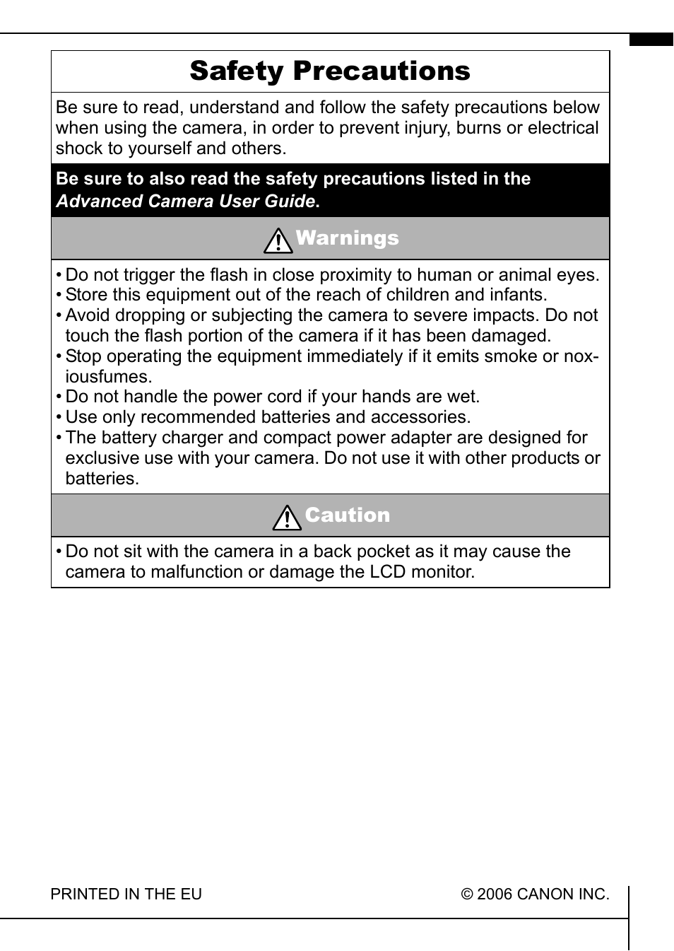 Safety precautions | Canon IXUS 900TI User Manual | Page 35 / 37