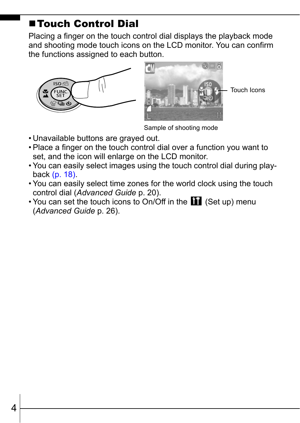 Pp. 4, 4 touch control dial | Canon IXUS 900TI User Manual | Page 6 / 37
