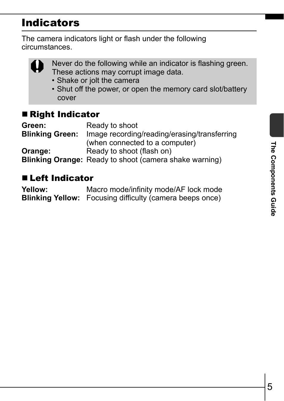 P. 5), Indicators, Right indicator | Left indicator | Canon IXUS 900TI User Manual | Page 7 / 37