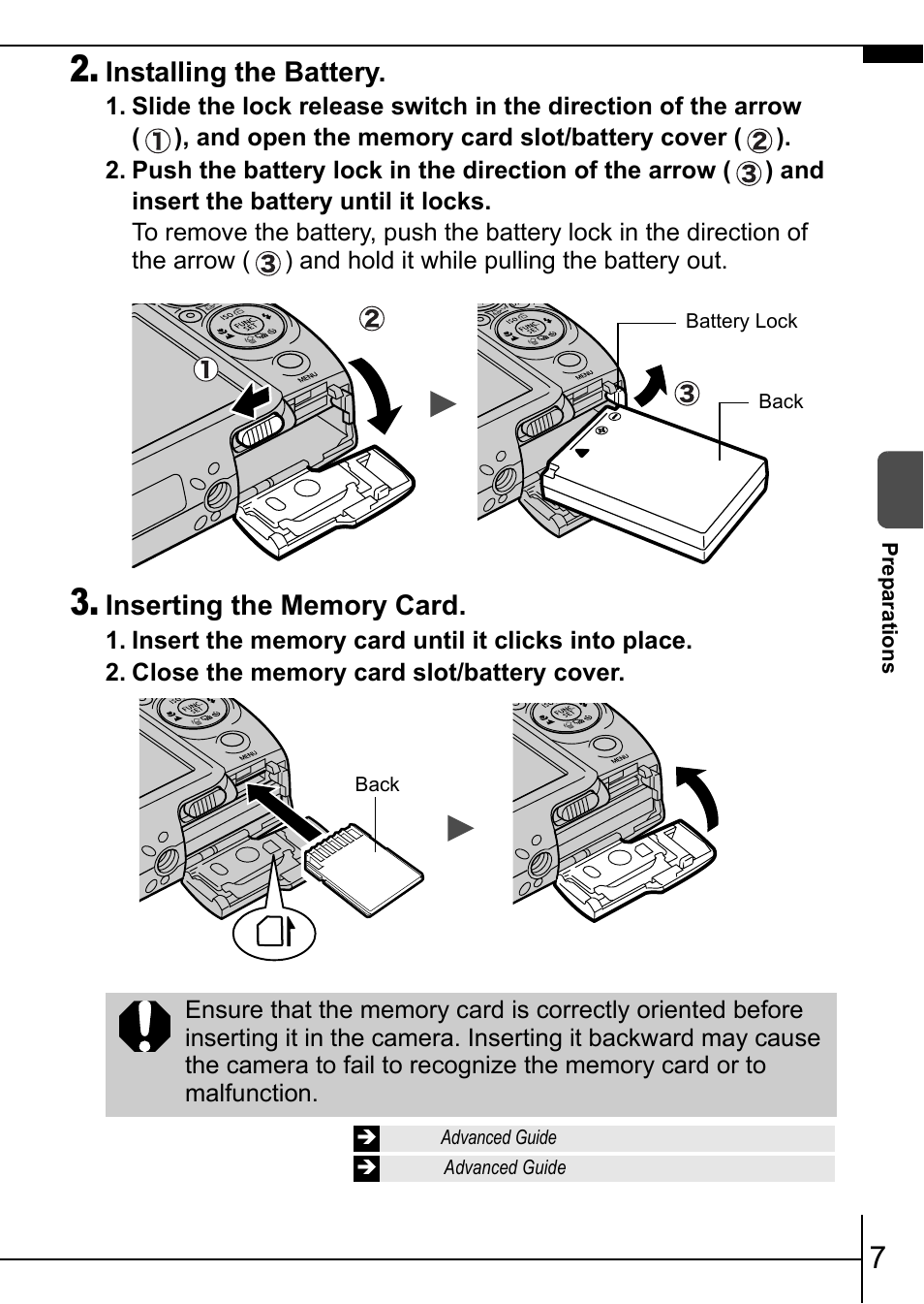 P. 7), Installing the battery | Canon IXUS 900TI User Manual | Page 9 / 37