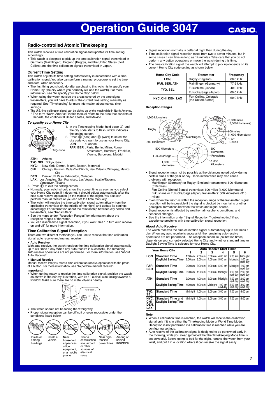 Radio-controlled atomic timekeeping, Operation guide 3047 | Casio Модуль 3047 User Manual | Page 2 / 13