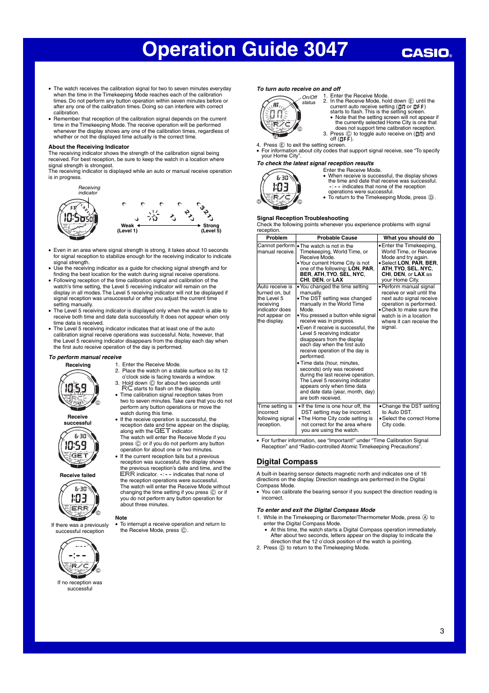 Digital compass, Operation guide 3047 | Casio Модуль 3047 User Manual | Page 3 / 13