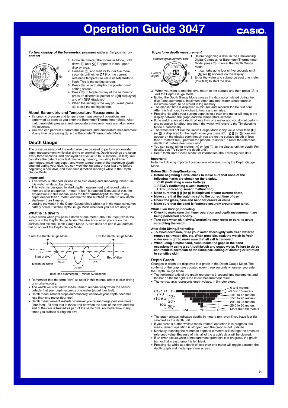 Depth gauge, Operation guide 3047 | Casio Модуль 3047 User Manual | Page 5 / 13
