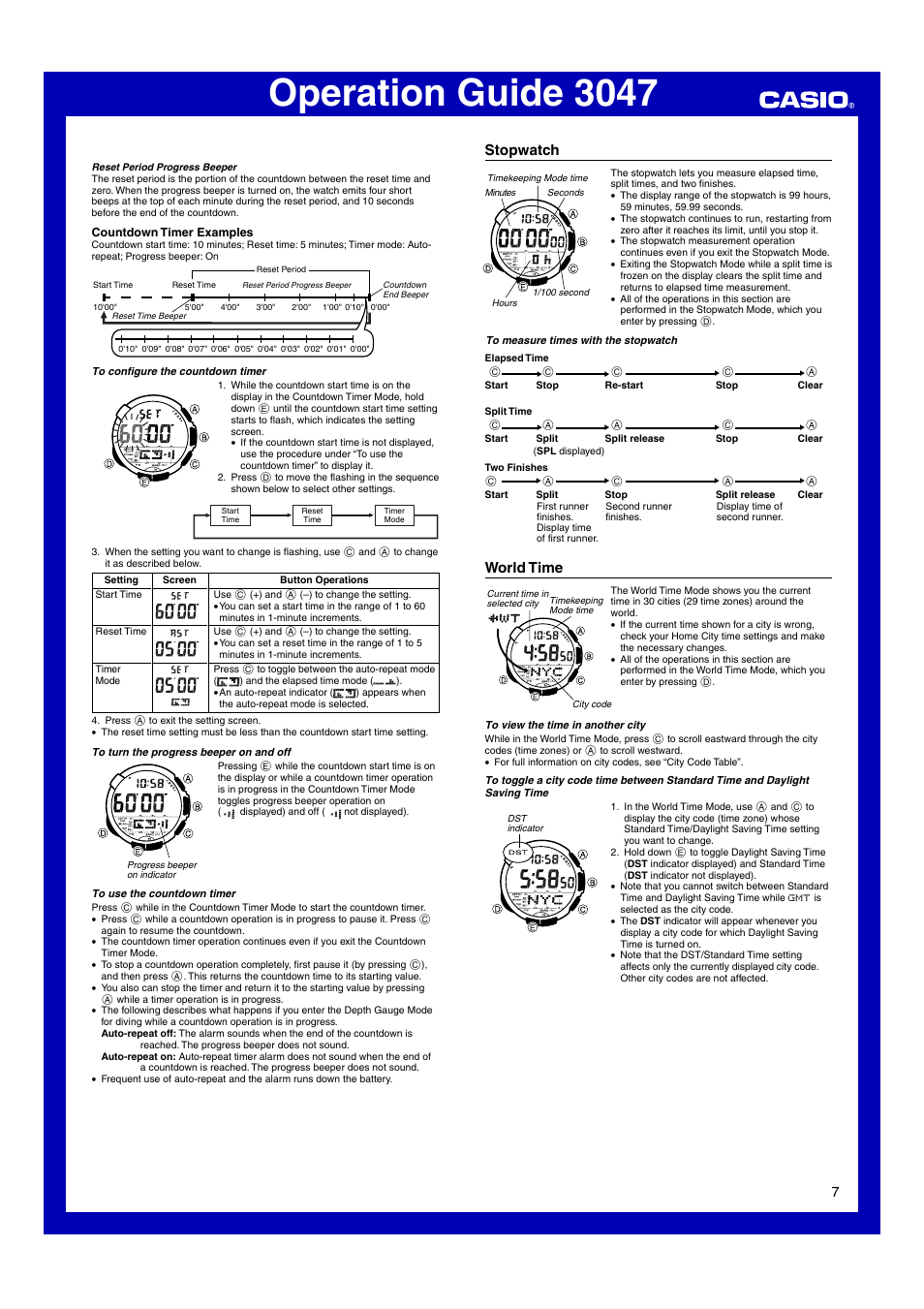 Stopwatch, World time, Operation guide 3047 | Casio Модуль 3047 User Manual | Page 7 / 13