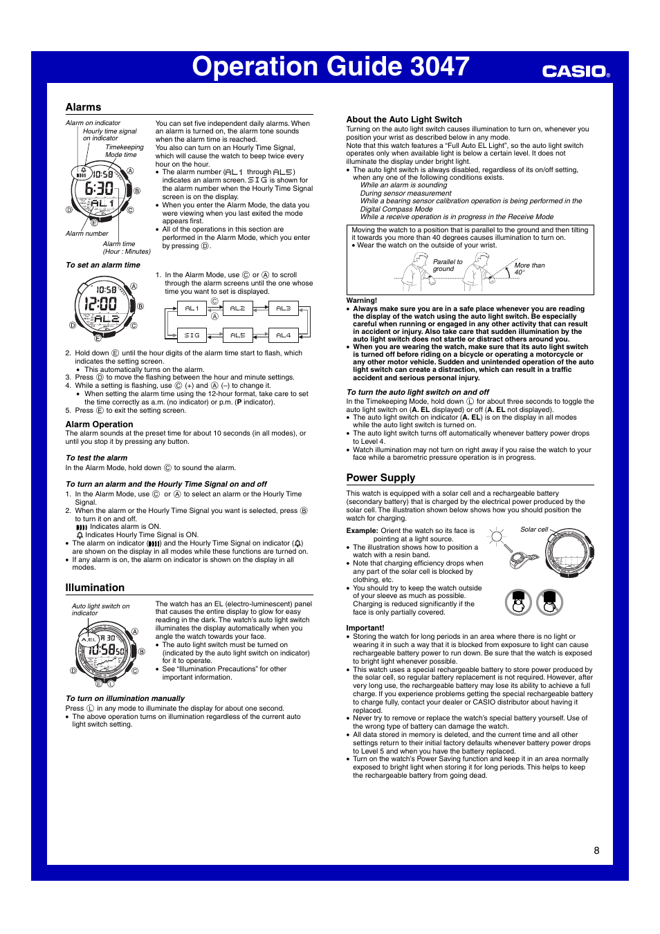 Alarms, Illumination, Power supply | Operation guide 3047 | Casio Модуль 3047 User Manual | Page 8 / 13