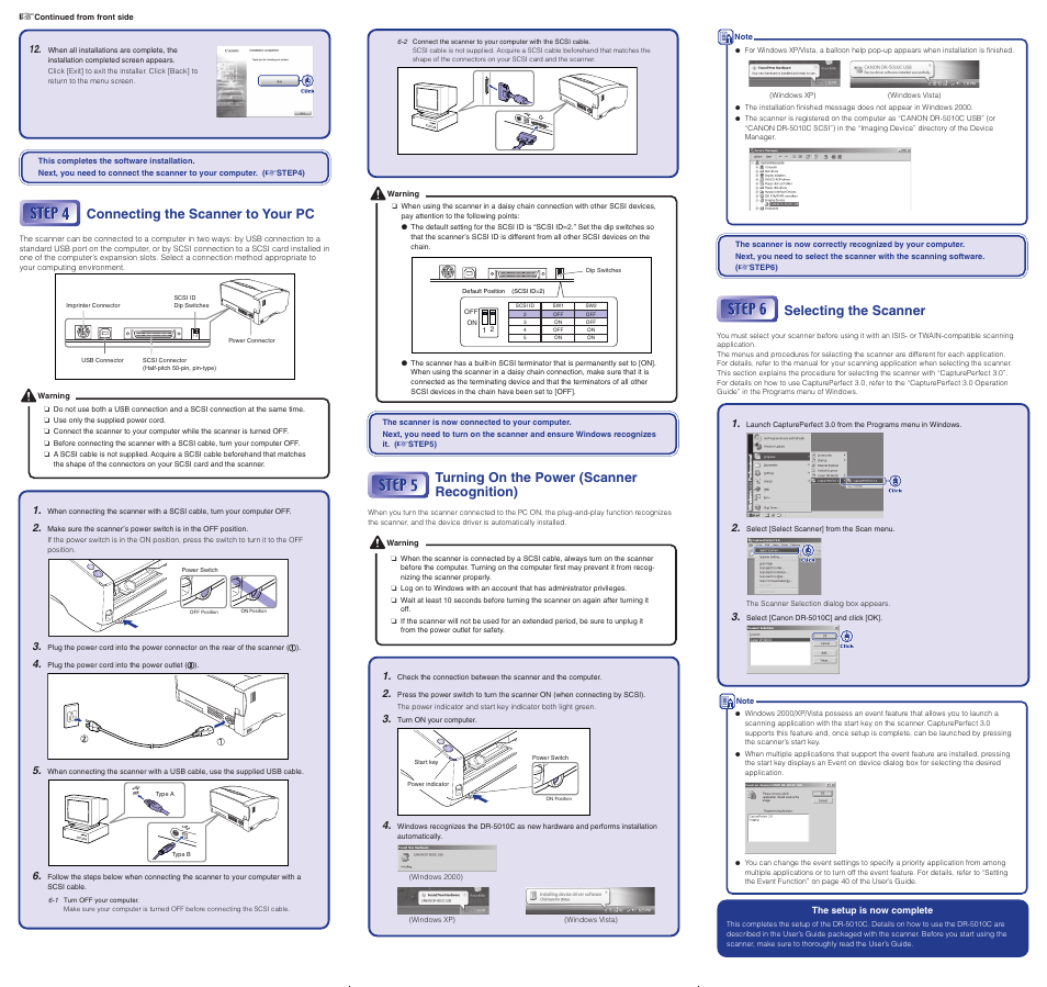 Connecting the scanner to your pc, Turning on the power (scanner recognition), Selecting the scanner | Canon DR-5010C User Manual | Page 2 / 2