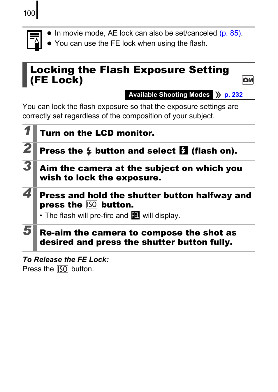 Locking the flash exposure setting (fe lock) | Canon 970 IS User Manual | Page 102 / 238