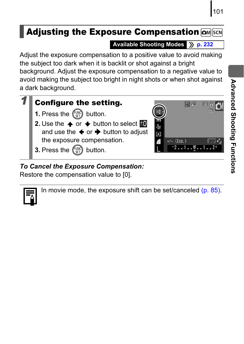 Adjusting the exposure compensation, P. 101), P. 101 | Canon 970 IS User Manual | Page 103 / 238