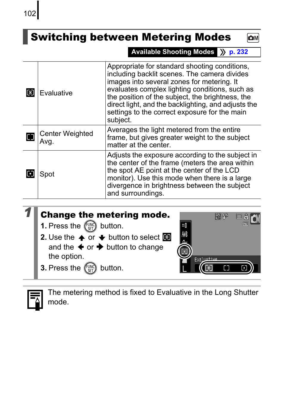 Switching between metering modes, P. 102, Metering mode | P. 102), Change the metering mode | Canon 970 IS User Manual | Page 104 / 238