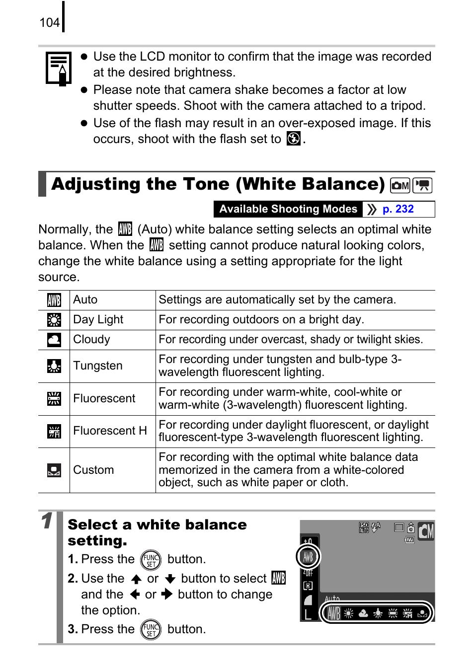 Adjusting the tone (white balance), P. 104, P. 104) | Select a white balance setting | Canon 970 IS User Manual | Page 106 / 238