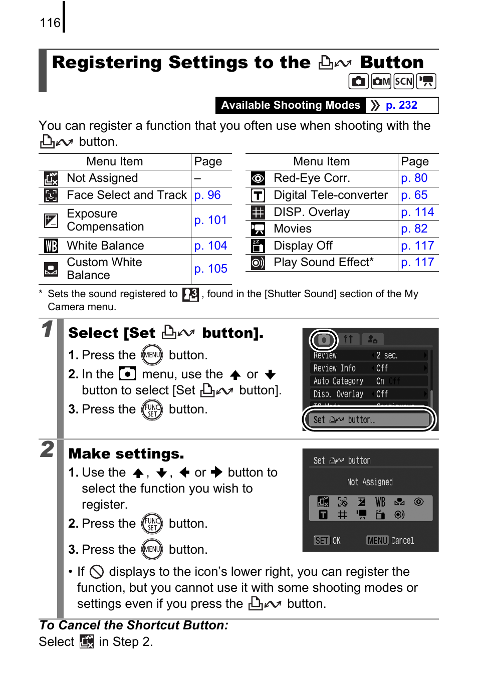 Registering settings to the button, Registering settings to the, Button | P. 116, Select [set button, Make settings | Canon 970 IS User Manual | Page 118 / 238