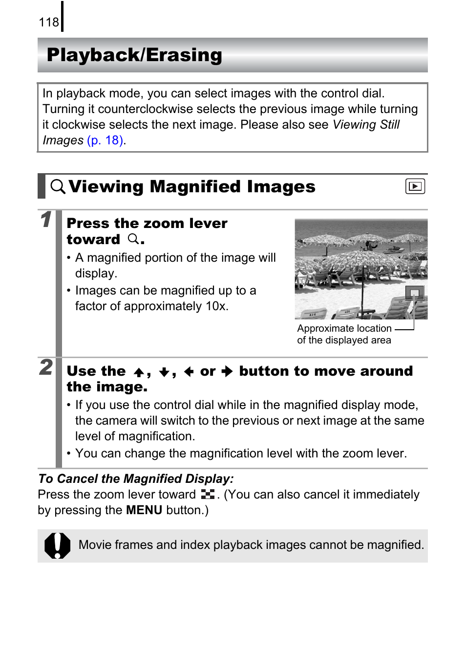 Playback/erasing, Viewing magnified images, Focus check display in magnified display | P. 118) | Canon 970 IS User Manual | Page 120 / 238