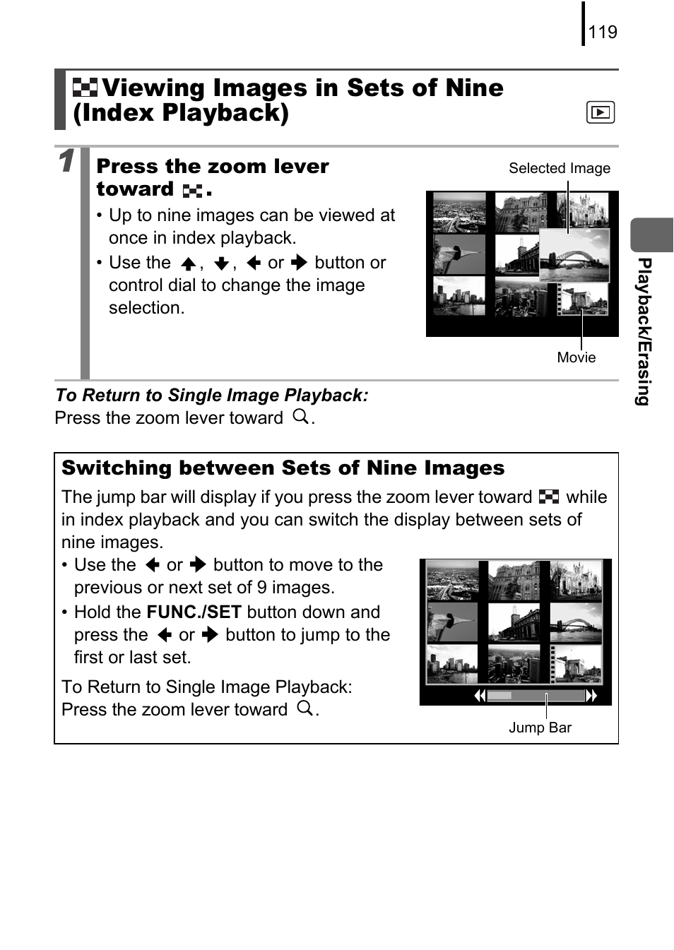 Viewing images in sets of nine (index playback), P. 119) | Canon 970 IS User Manual | Page 121 / 238