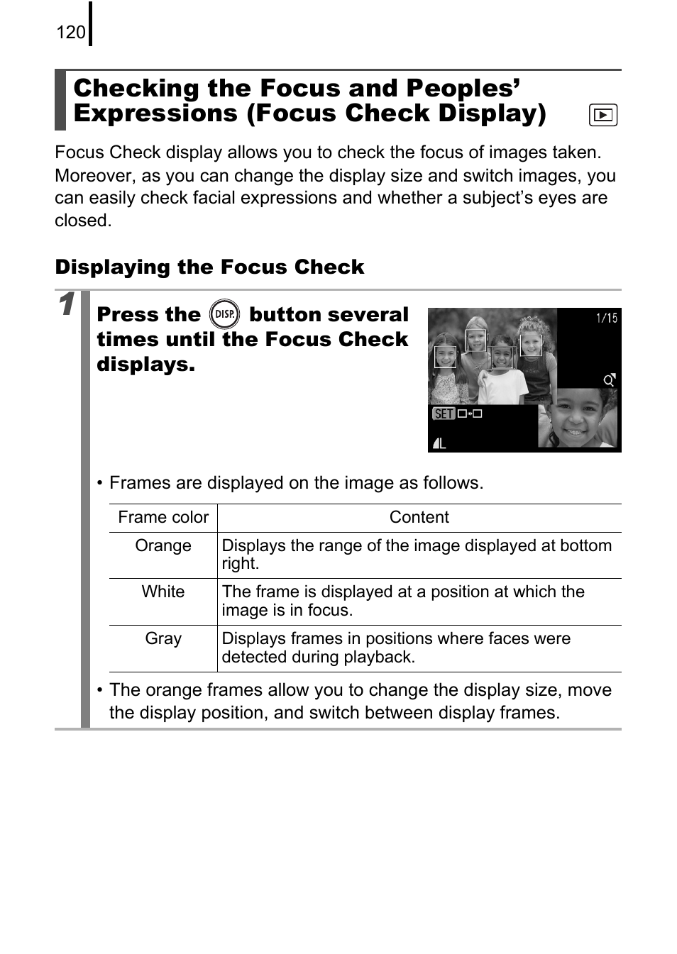 Checking the focus and peoples’ expressions (focus, Check display), P. 120) | Canon 970 IS User Manual | Page 122 / 238