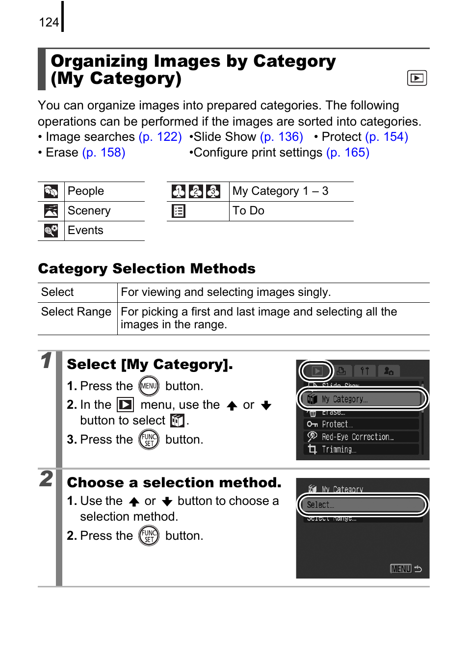 Organizing images by category (my category), P. 124, P. 124) | Canon 970 IS User Manual | Page 126 / 238