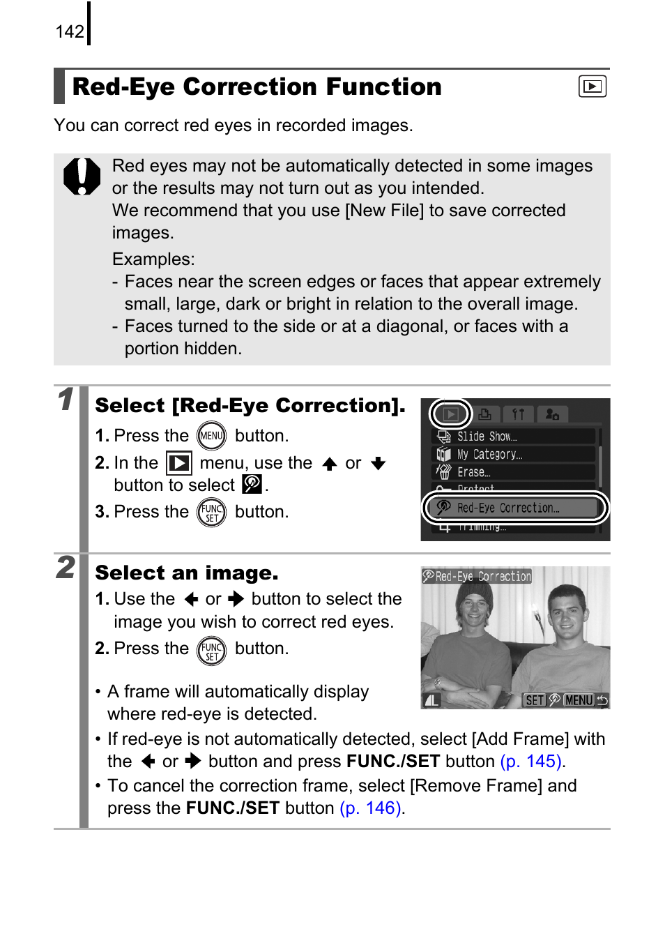 Red-eye correction function, P. 142 | Canon 970 IS User Manual | Page 144 / 238