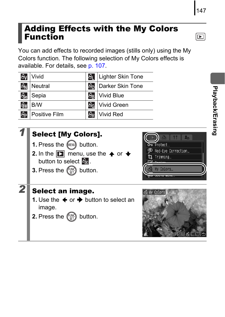 Adding effects with the my colors function, P. 147 | Canon 970 IS User Manual | Page 149 / 238