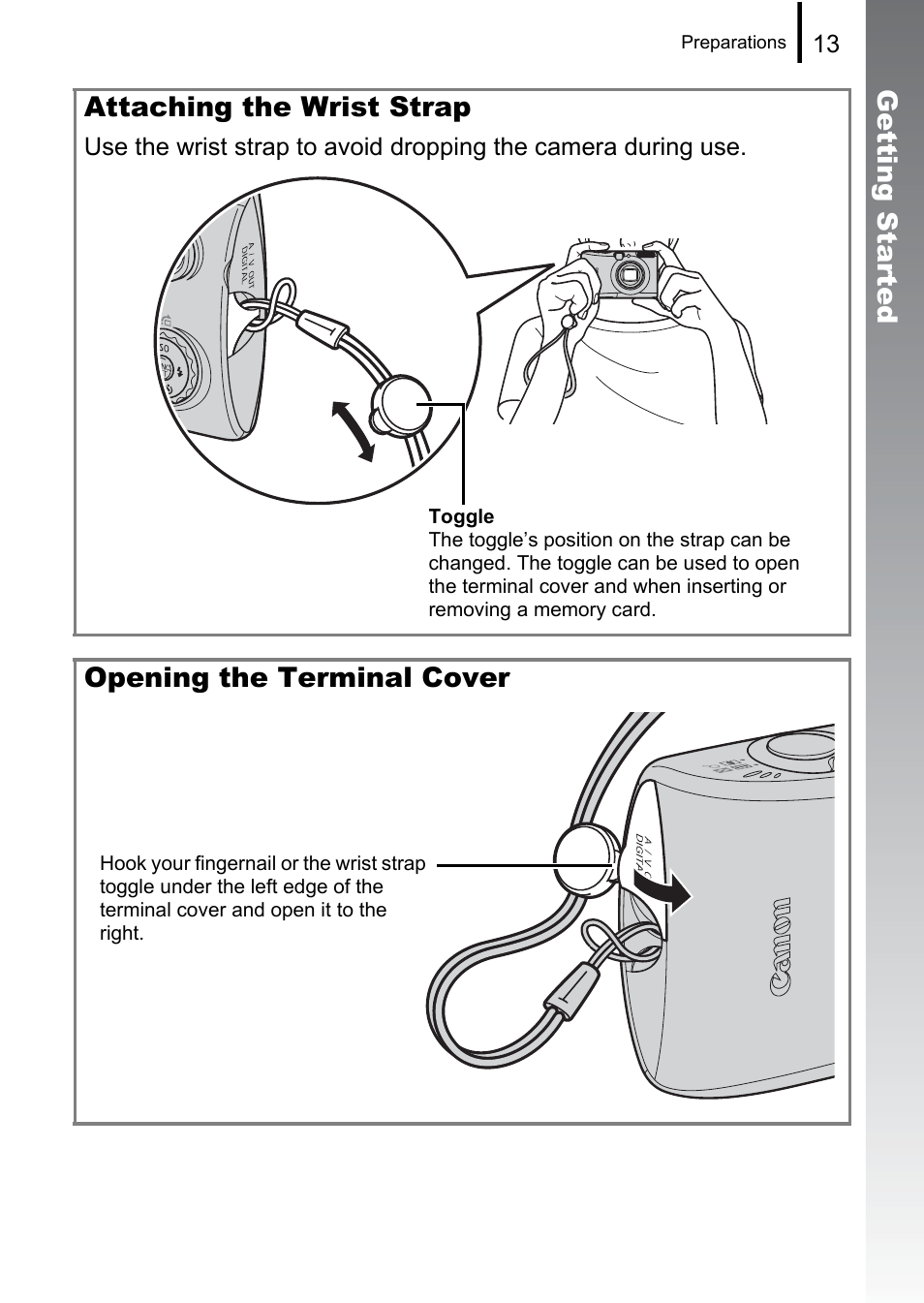 Getting started attaching the wrist strap, Opening the terminal cover | Canon 970 IS User Manual | Page 15 / 238