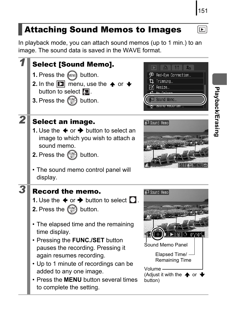 Attaching sound memos to images, Pp. 151, P. 151 | Canon 970 IS User Manual | Page 153 / 238