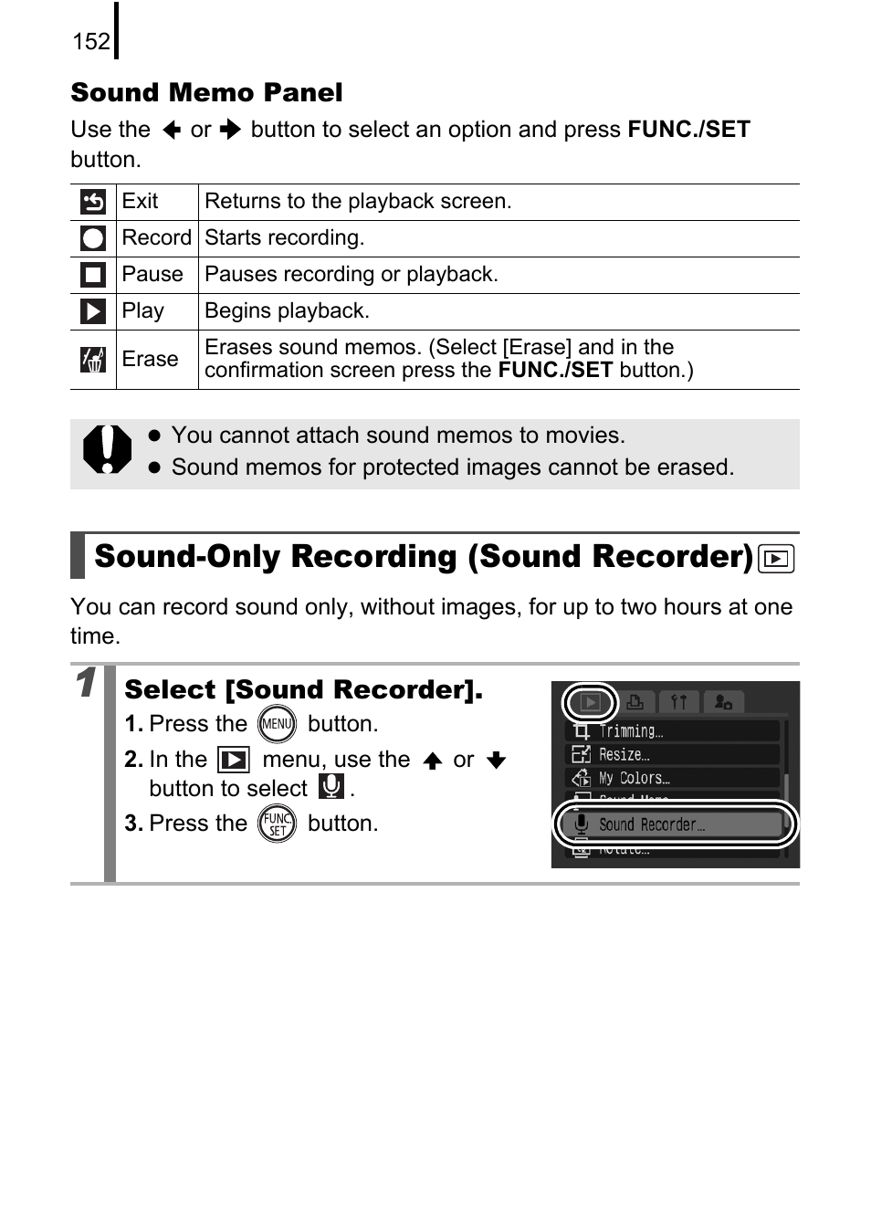 Sound-only recording (sound recorder), P. 152 | Canon 970 IS User Manual | Page 154 / 238