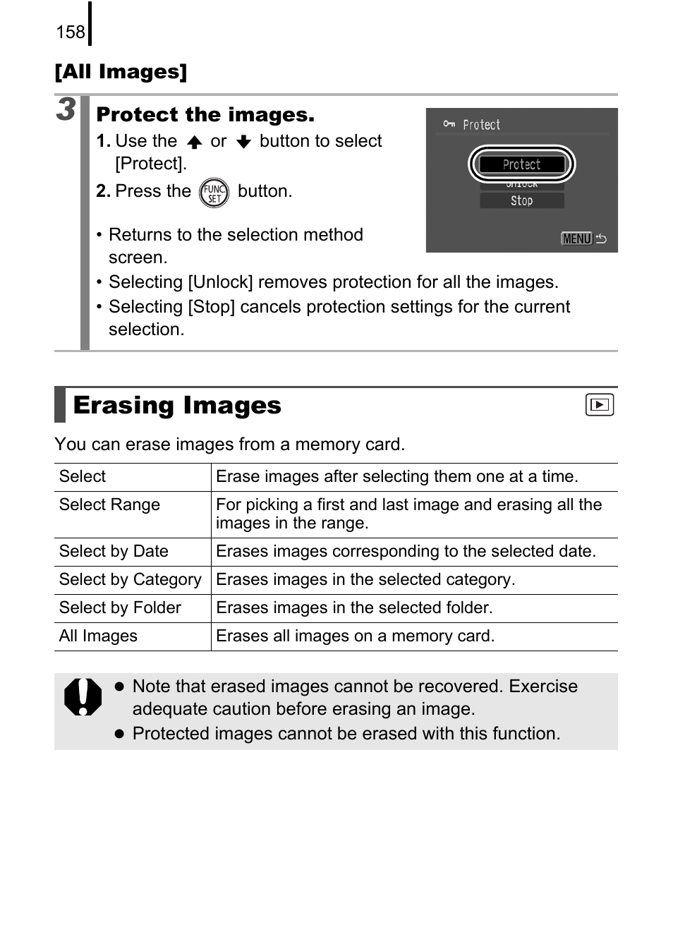 Erasing images, P. 158, P. 158) | All images, Protect the images | Canon 970 IS User Manual | Page 160 / 238